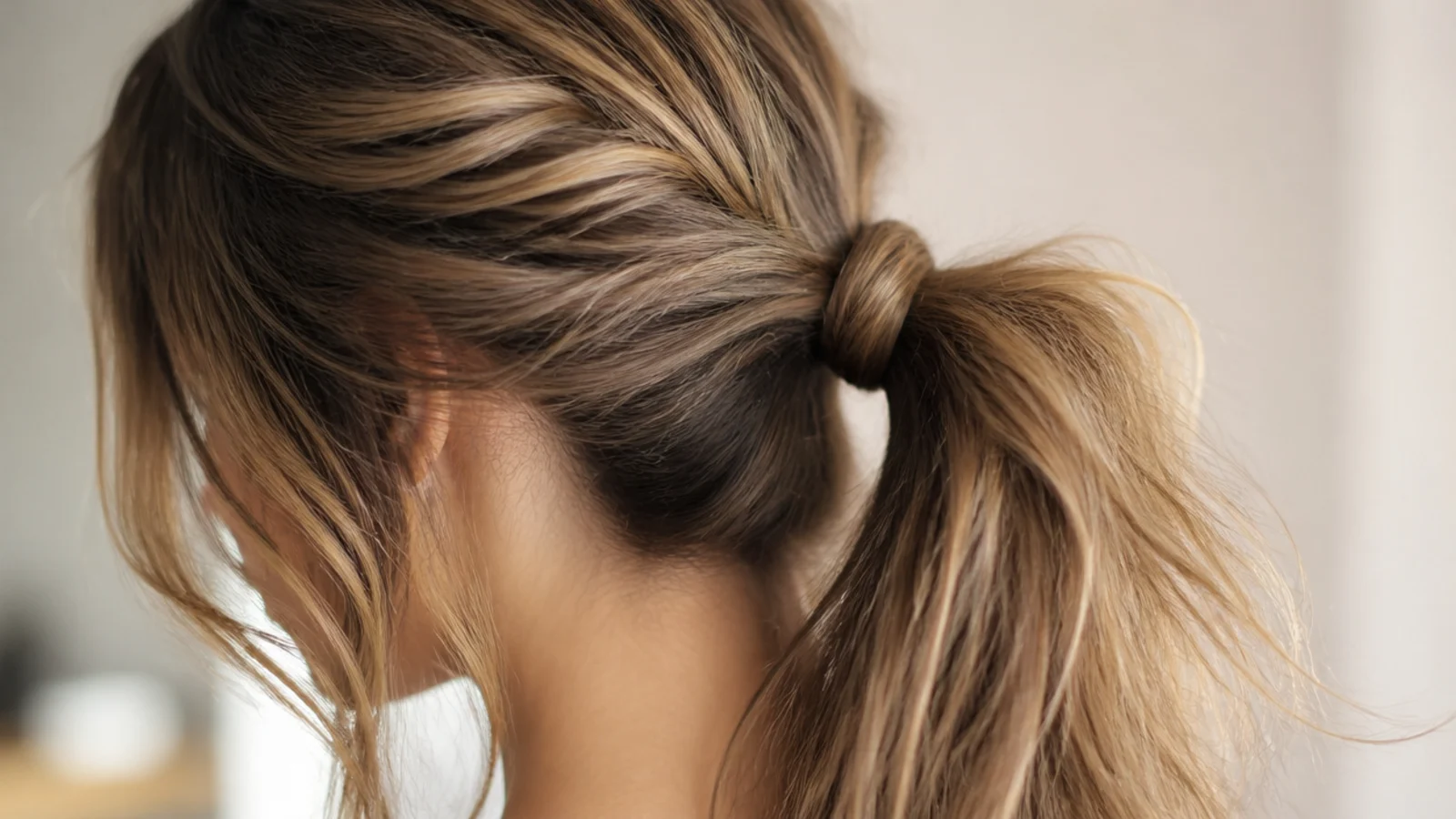 A second day ponytail with visible texture through the lengths