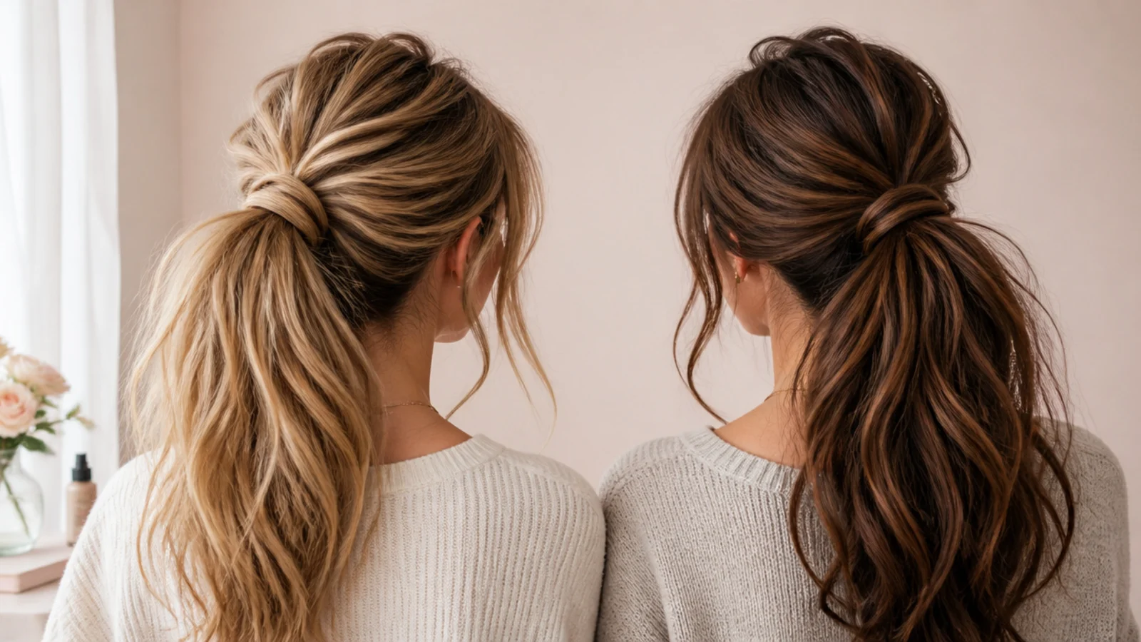 A fine long ponytail beside a thick one tied at the same height