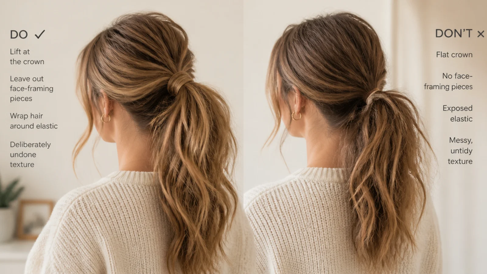 A long ponytail with a tight base and deliberately roughened crown