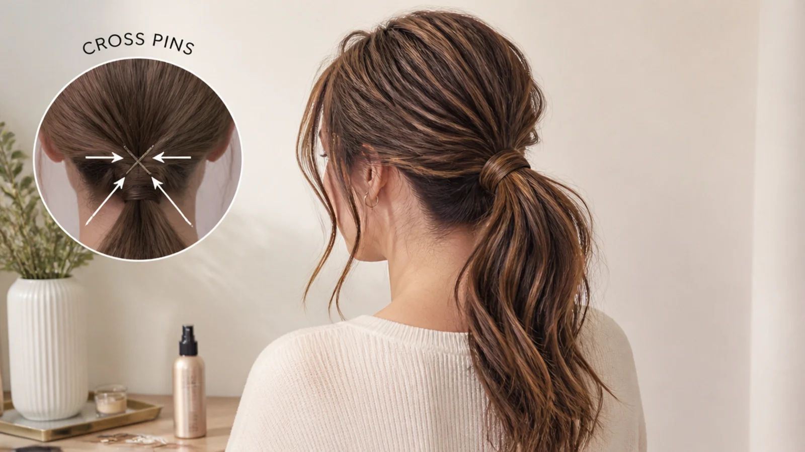 Pins crossed beneath a ponytail base to support the weight of the tail