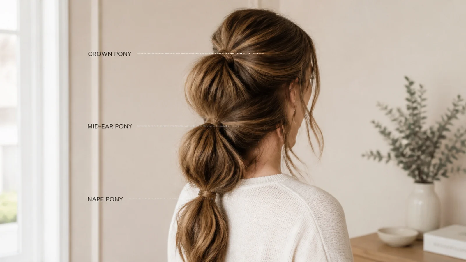 The same long hair tied at crown, mid and nape height for comparison