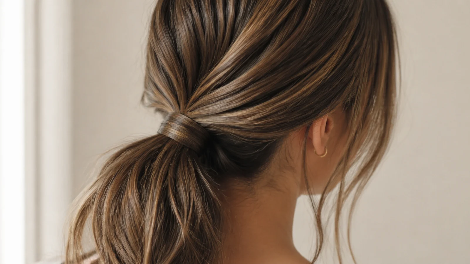 A low ponytail at the nape on shoulder length hair