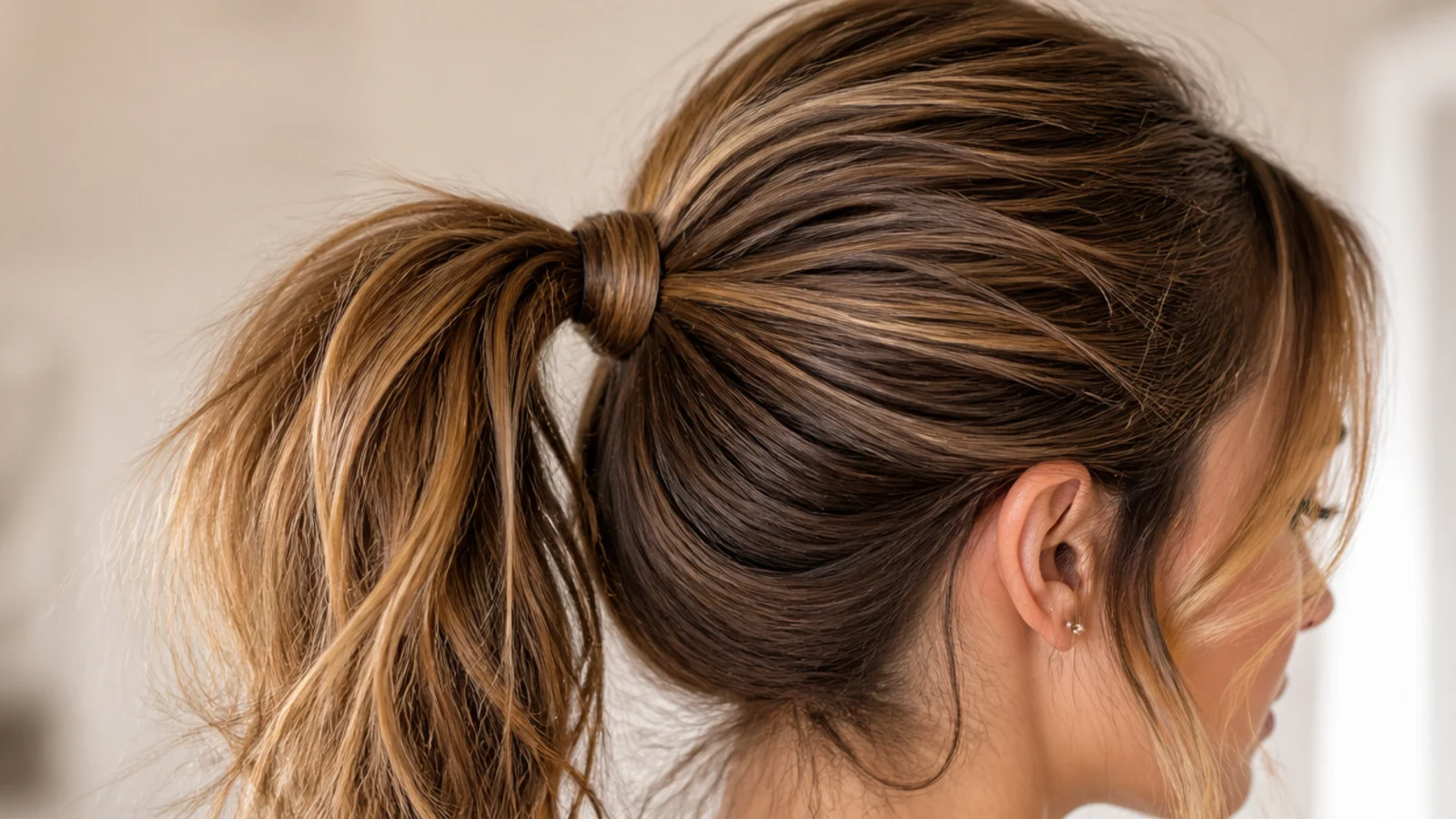 A high ponytail on medium hair with the tail clearing the shoulder