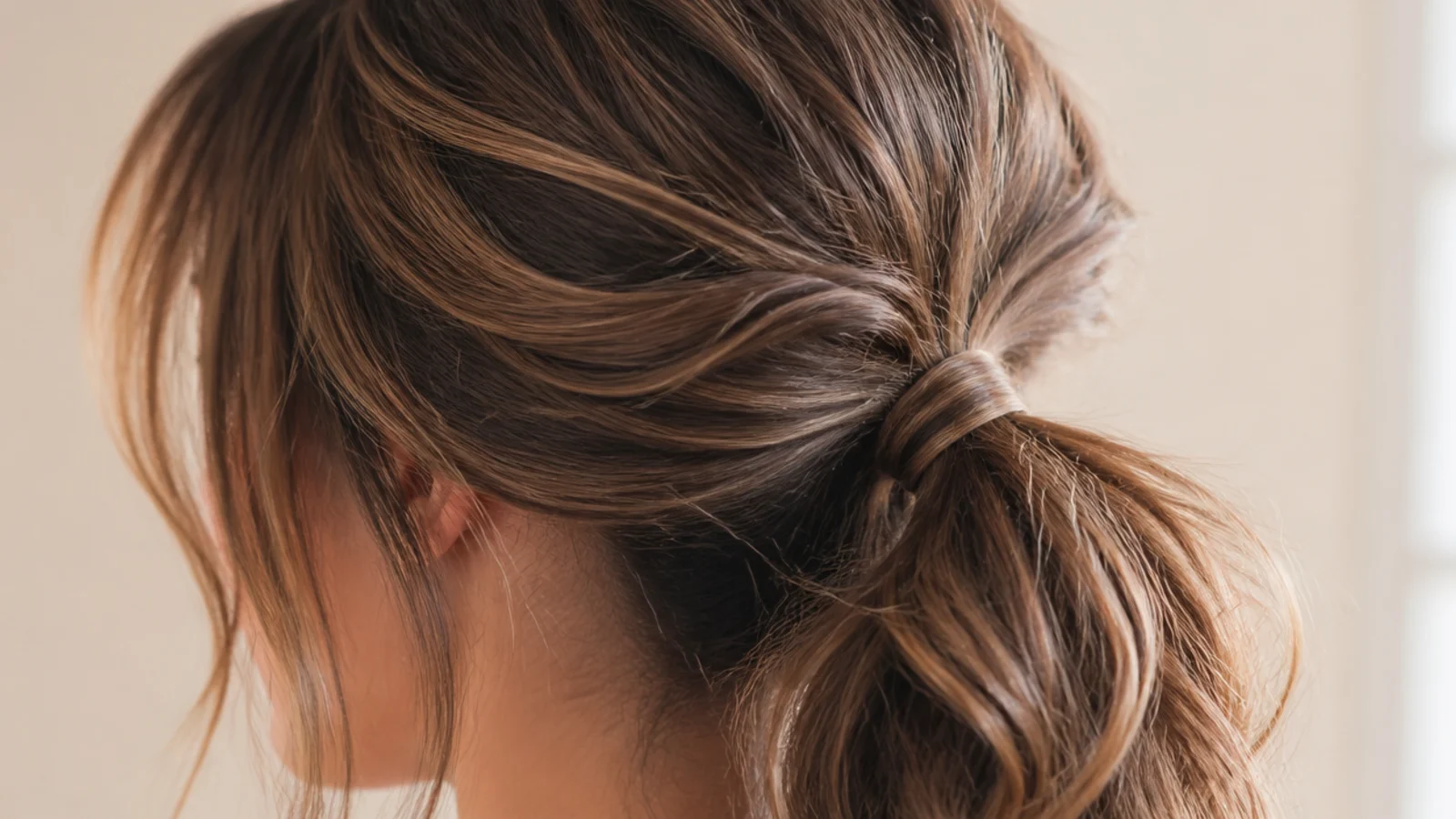Hair wound around the base of a medium ponytail to hide the band