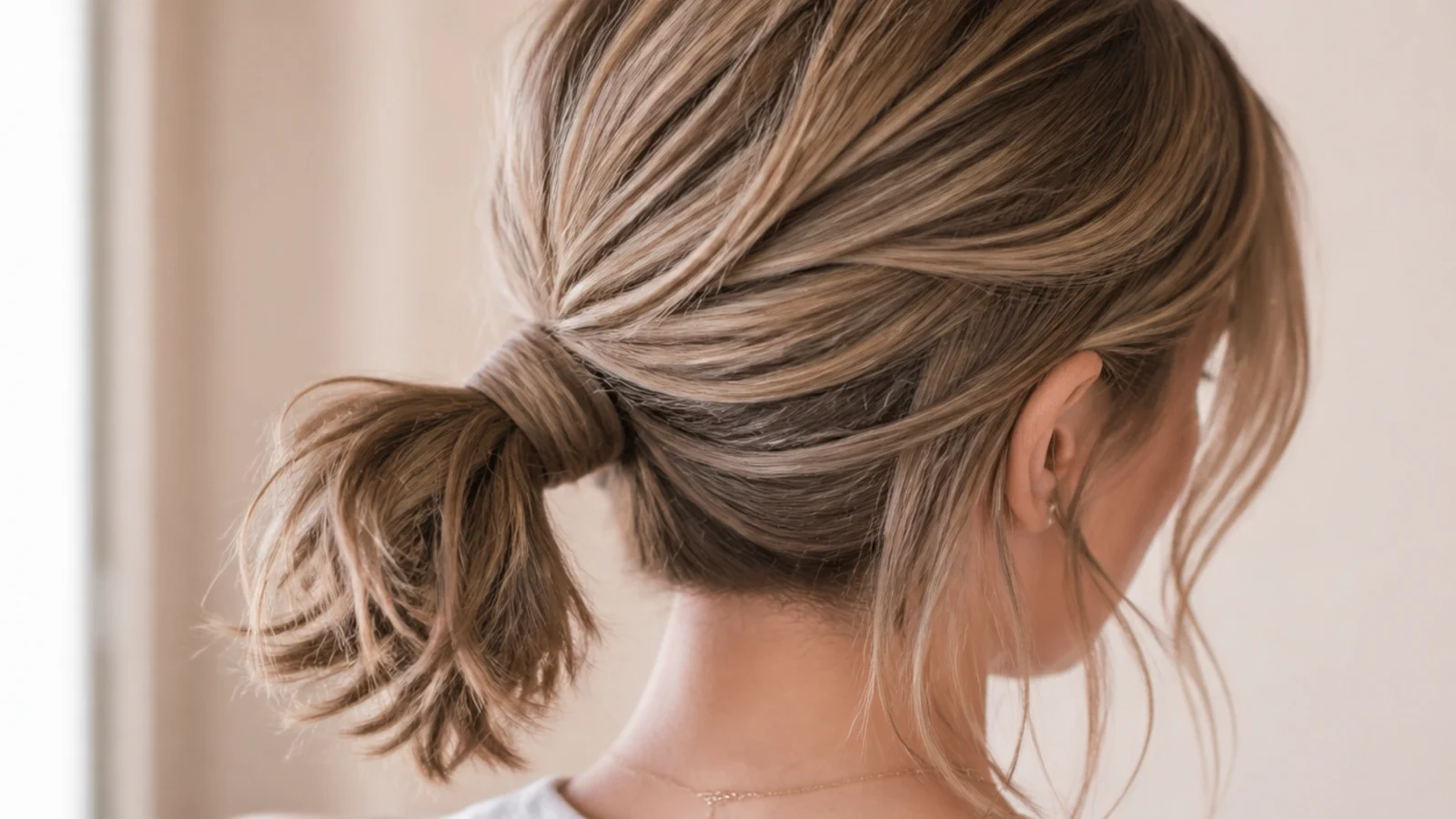 A blunt lob gathered into a ponytail with curved ends
