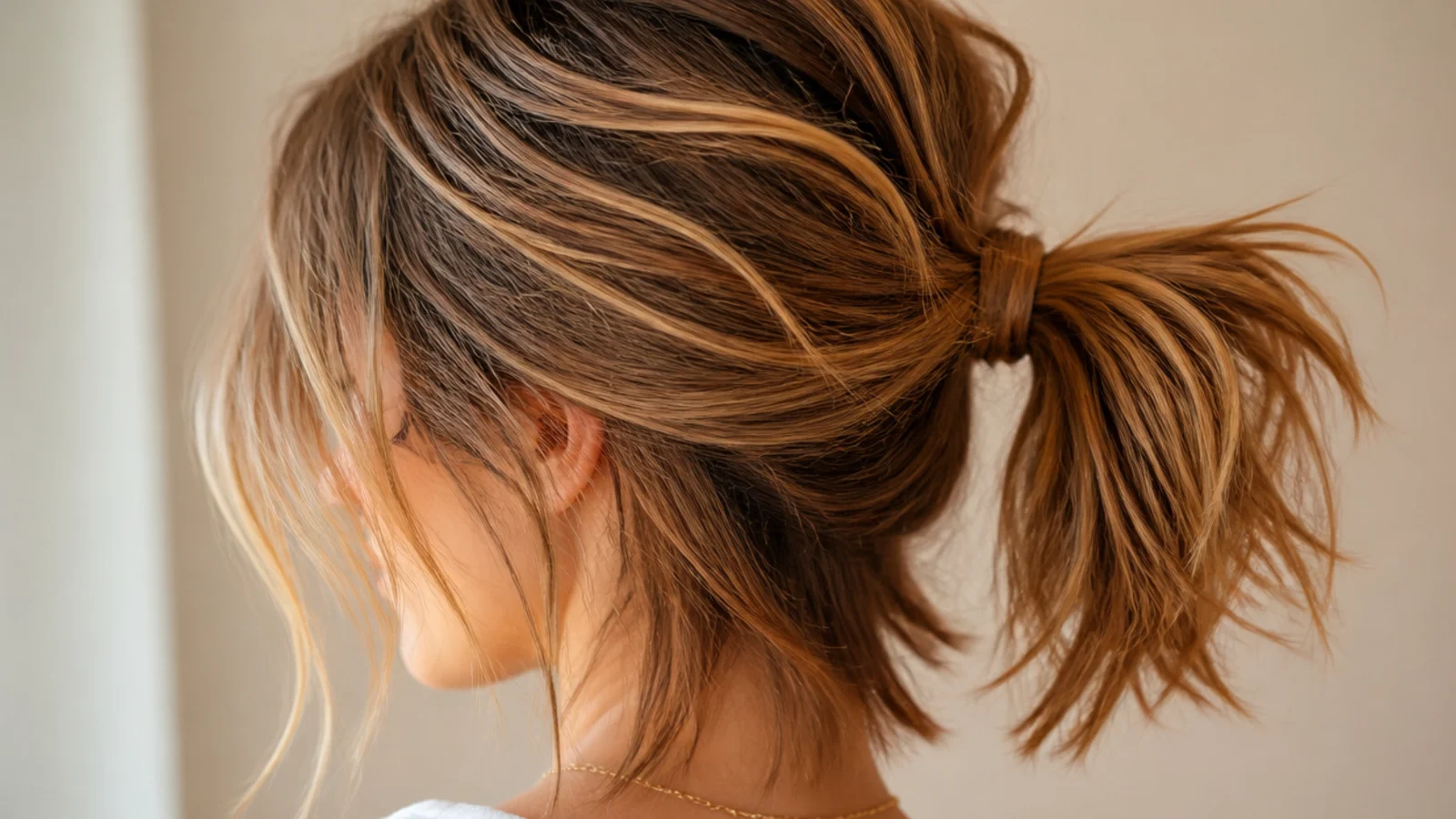 A layered shag tied back with short pieces falling loose at the face