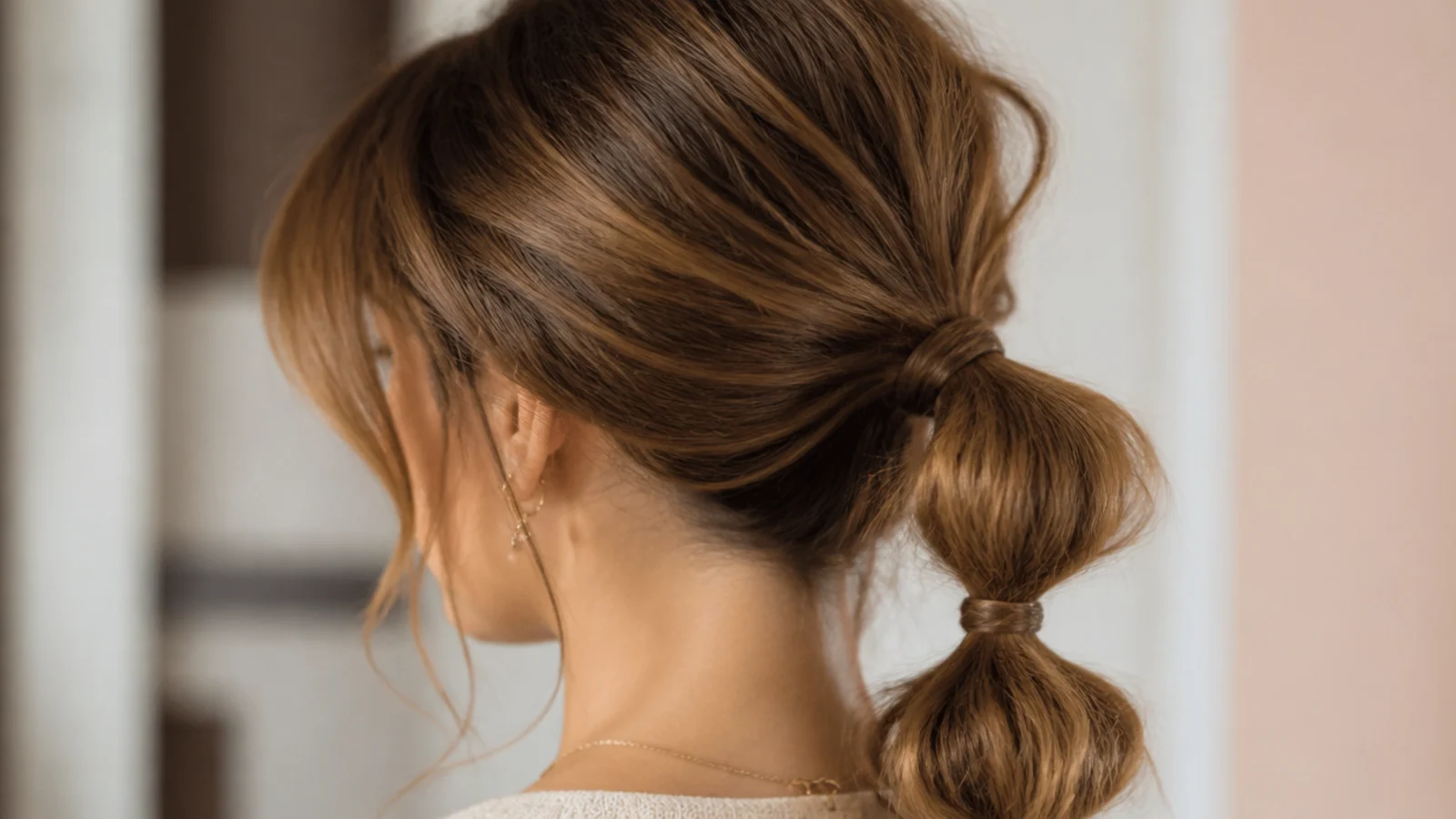 A medium ponytail split into two bubbles by spaced elastics