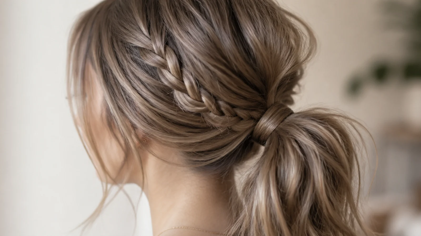 A front braid feeding back into a medium ponytail