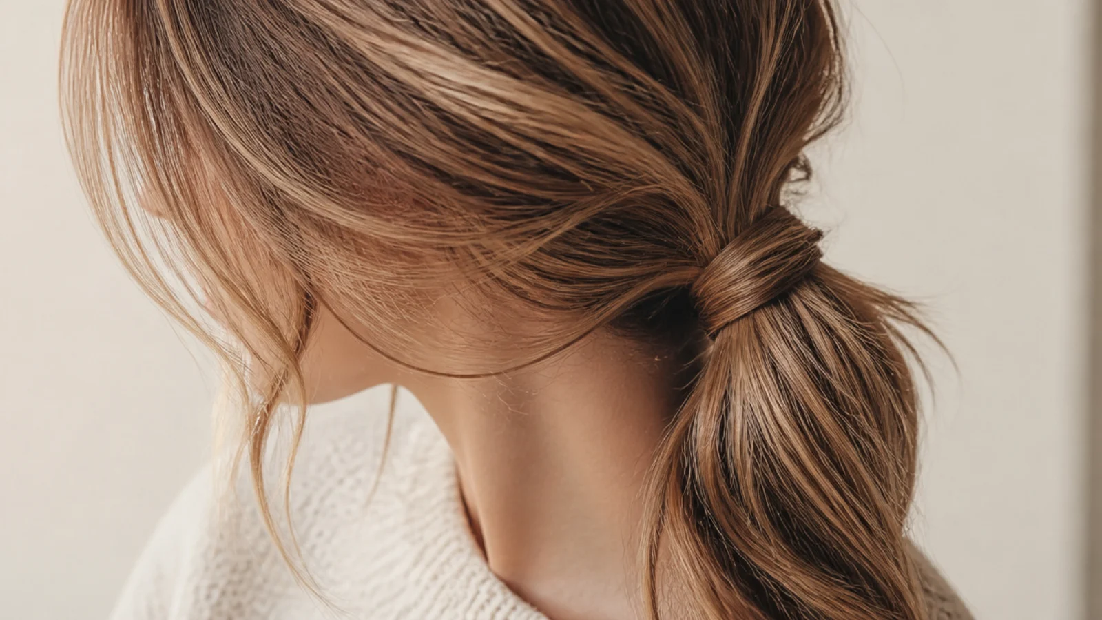 A medium ponytail tied to one side resting on the shoulder