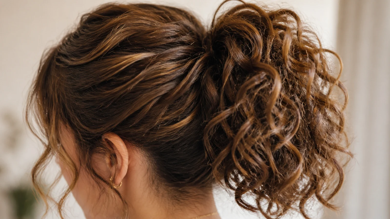 Medium length curls gathered loosely into a ponytail