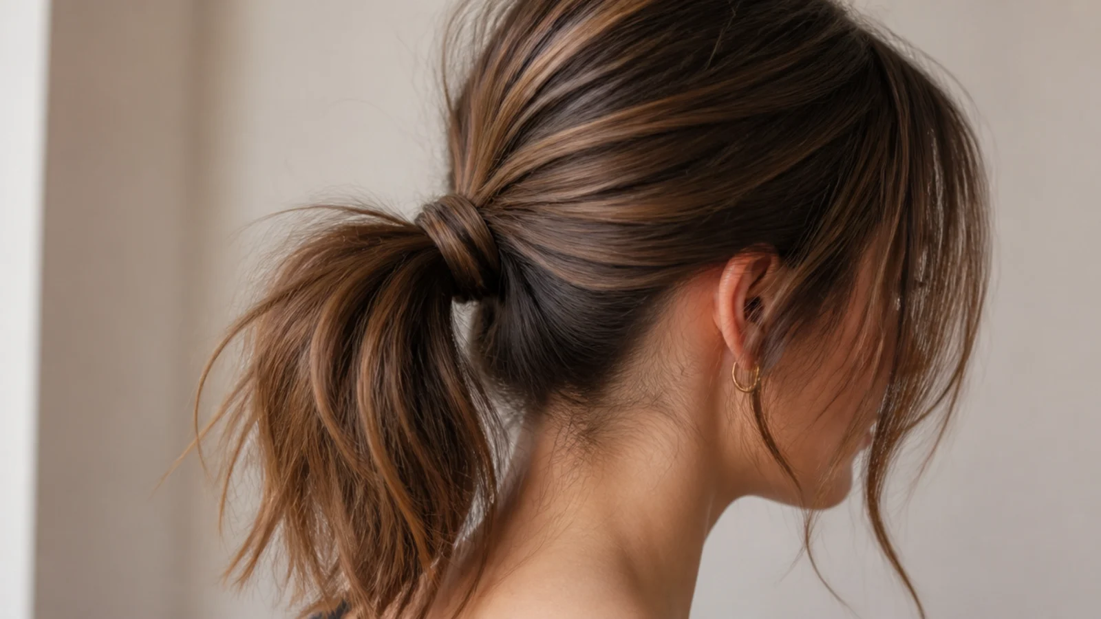 Curtain bangs framing the face above a medium ponytail