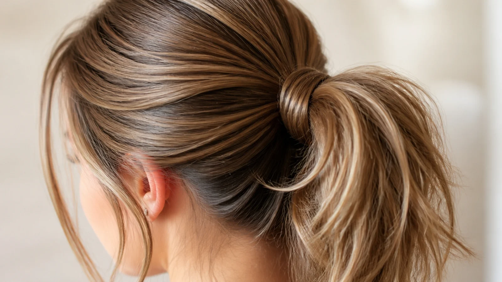 A medium ponytail with a smoothed root and undone tail