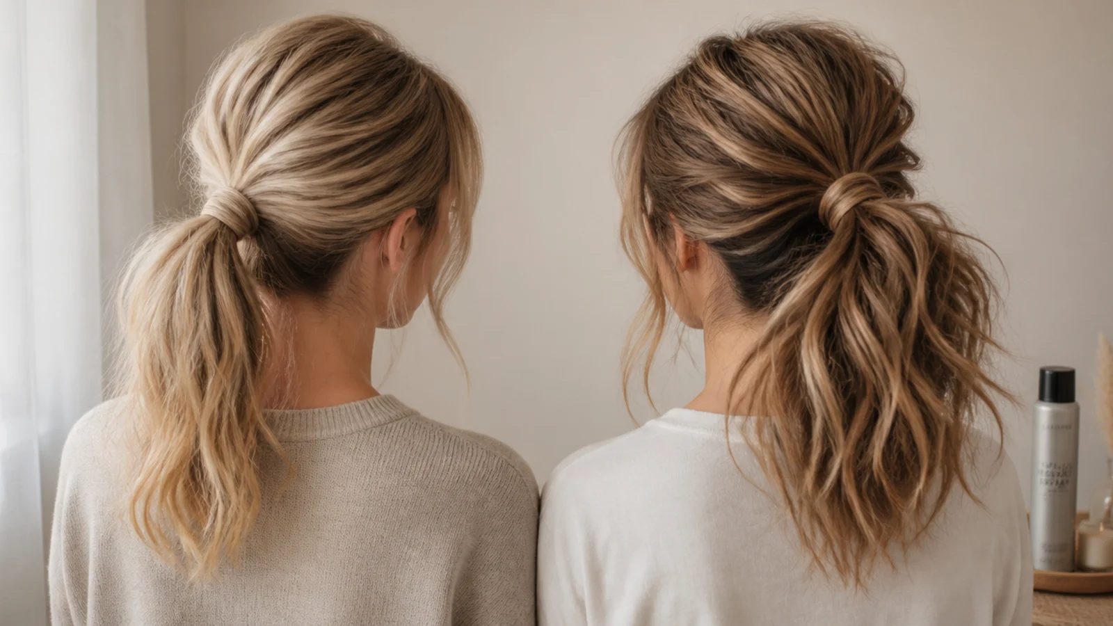 A fine medium ponytail beside a thick one at the same tie height