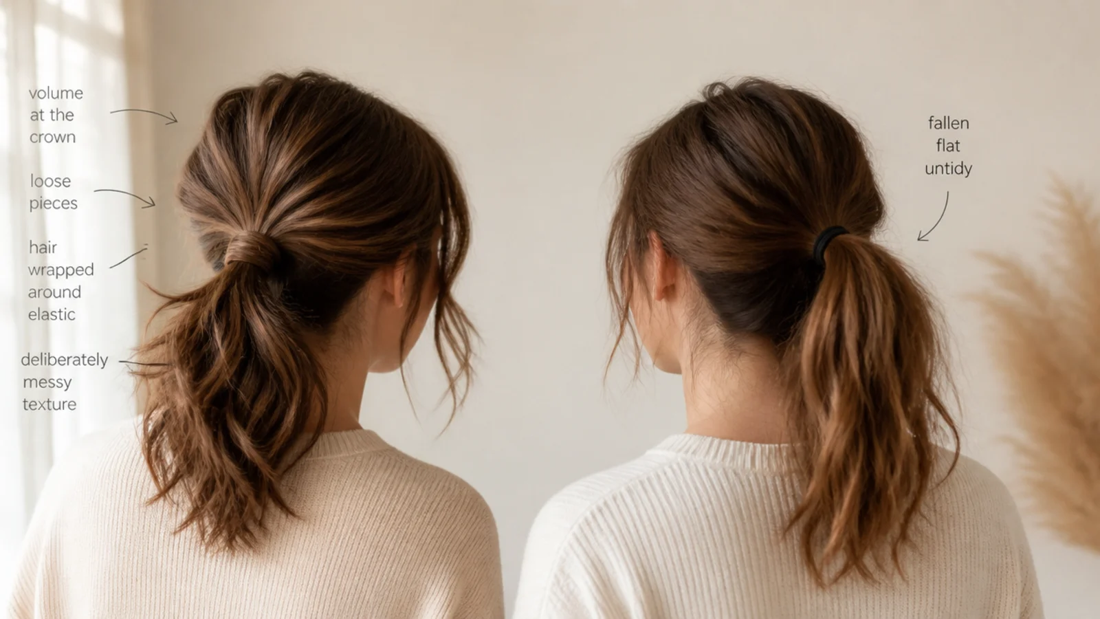 A medium ponytail with a tight base and deliberately loosened crown