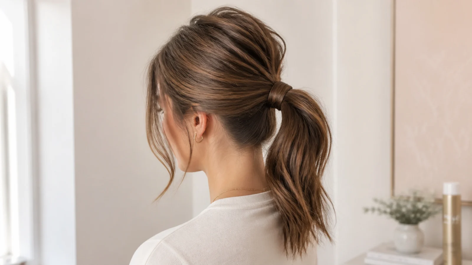 A blunt stubby ponytail beside one with softened curved ends