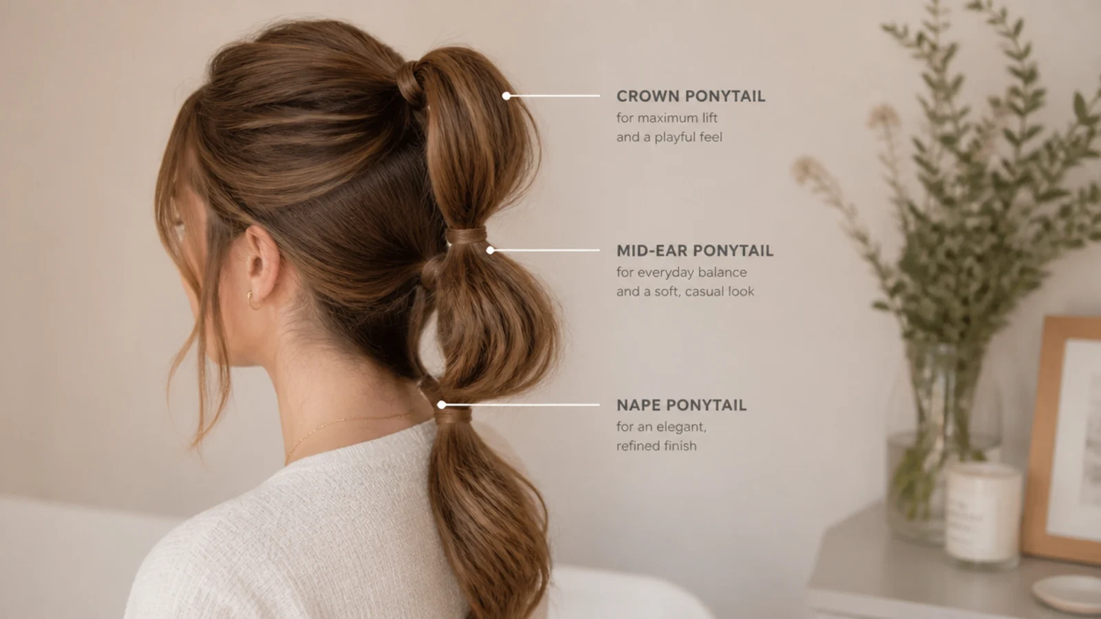 Shoulder length hair tied at three different heights for comparison