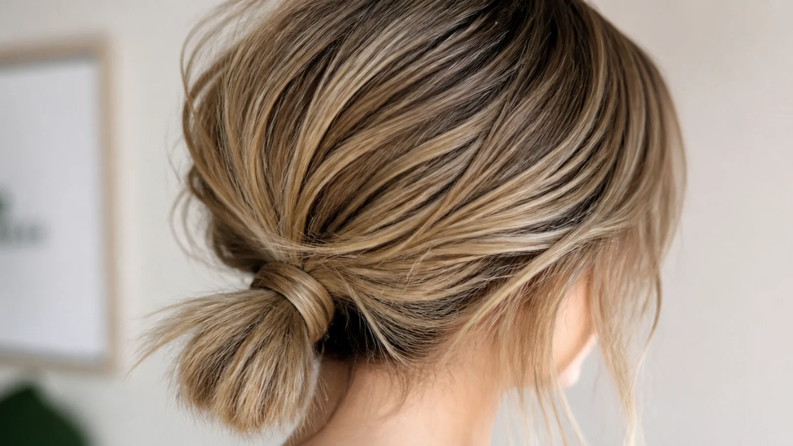 A chin length bob gathered into a very low ponytail