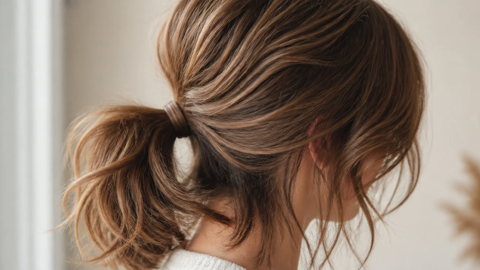 A bungee band securing a short layered shag into a ponytail