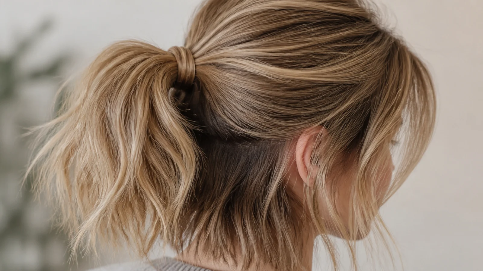 A lob tied high at the crown with nape pieces pinned underneath