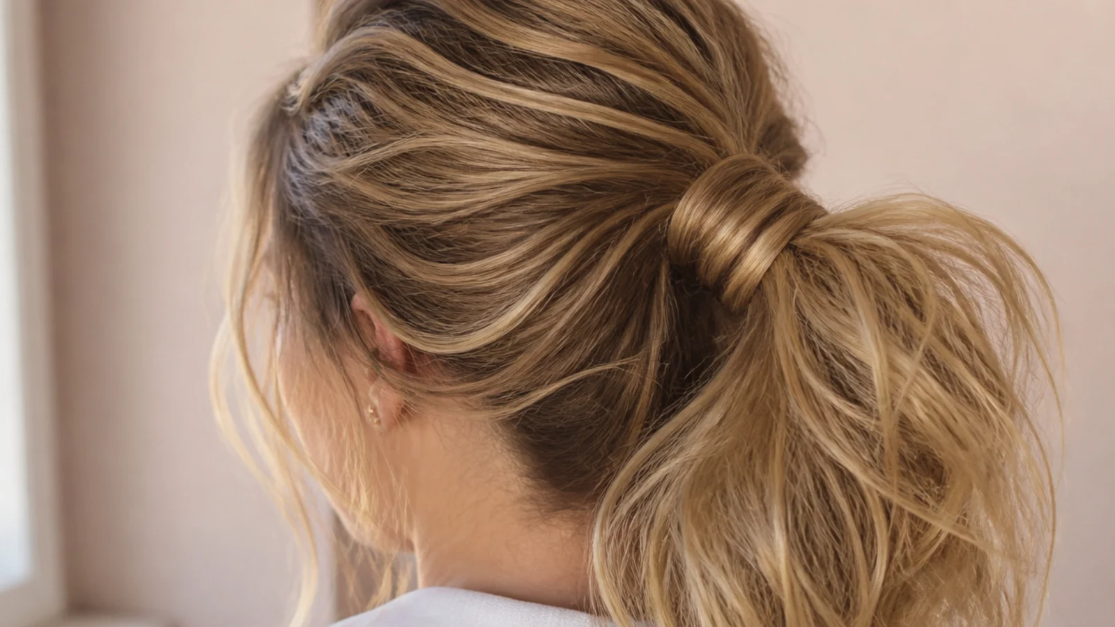 A wrap around ponytail piece clipped over a short gathered base