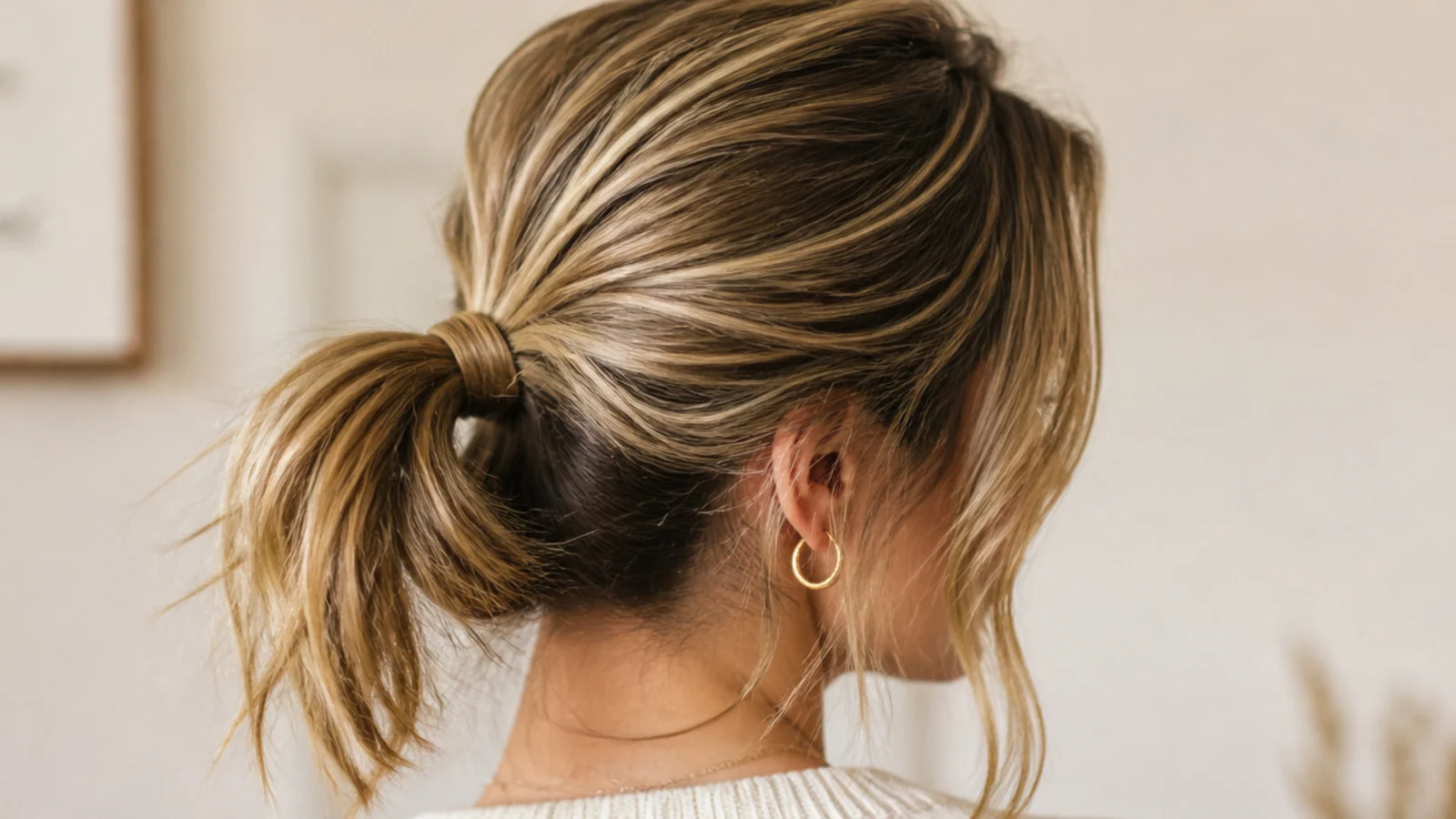 Curtain bangs falling forward above a short ponytail