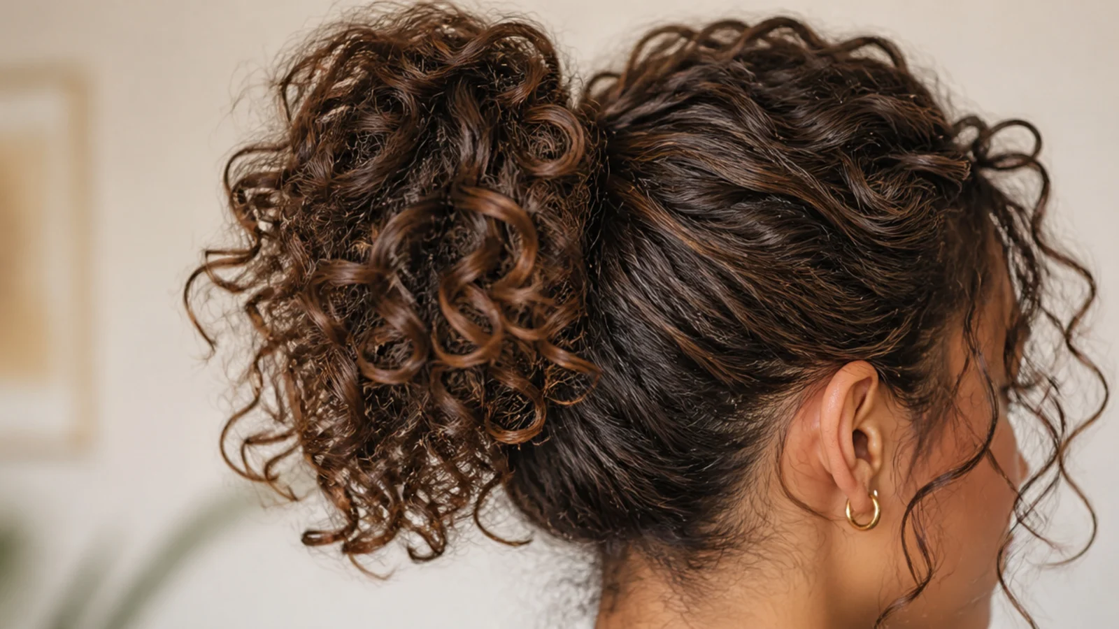 Short curls gathered loosely into a ponytail at the crown