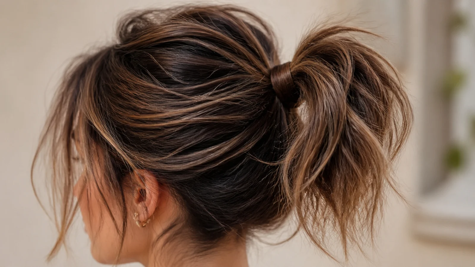 A short shag tied high with layers falling around the face