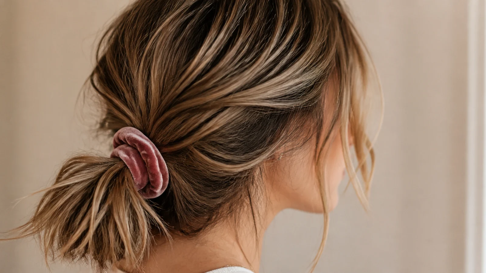 A scrunchie gathering thick short hair at the back of the head