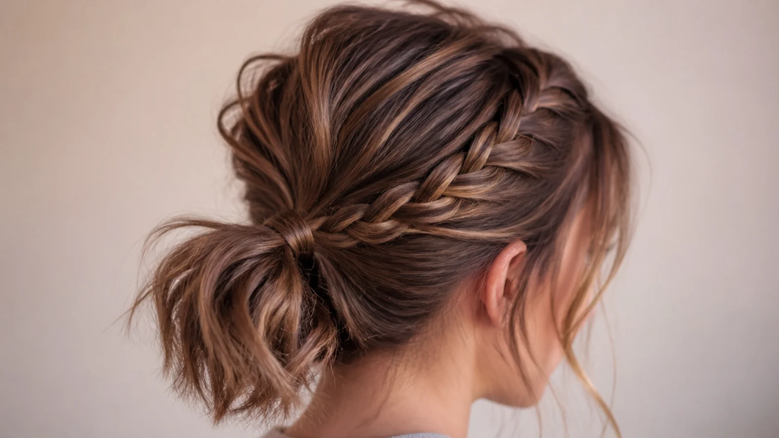 A front braid feeding back into a short ponytail