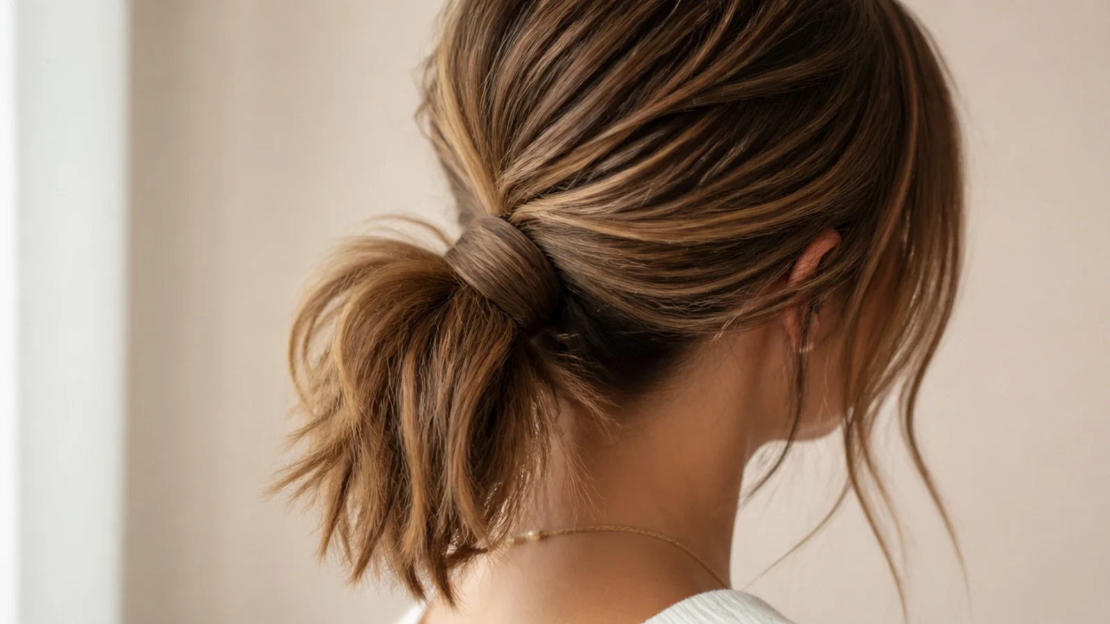 A section of hair wound around the base of a short bob ponytail