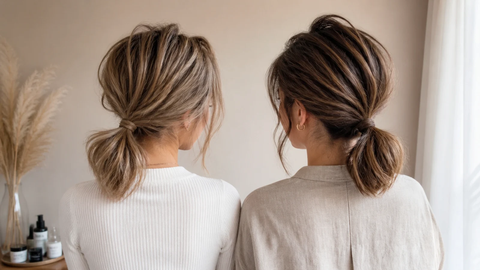 A fine short ponytail beside a thick one tied at the same height
