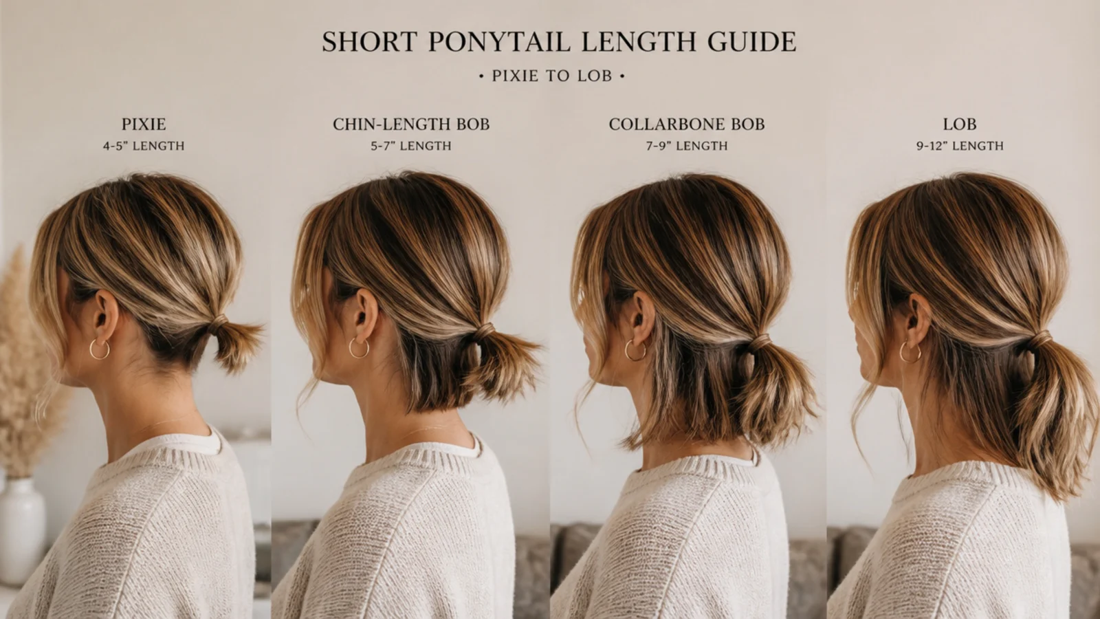 Short hair held back at the nape to show which pieces reach the band