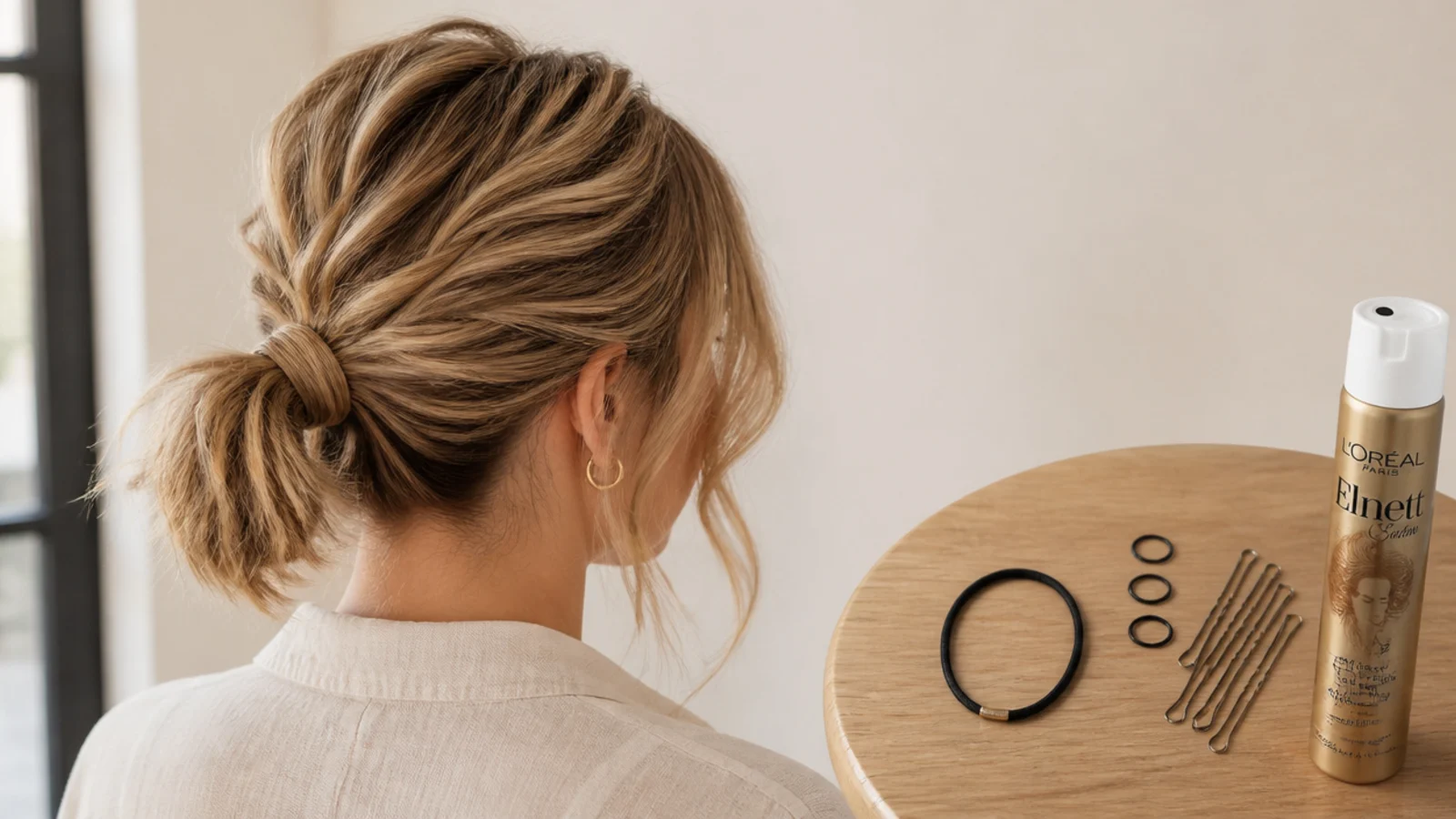 A bungee band hooked at each side of a short ponytail base