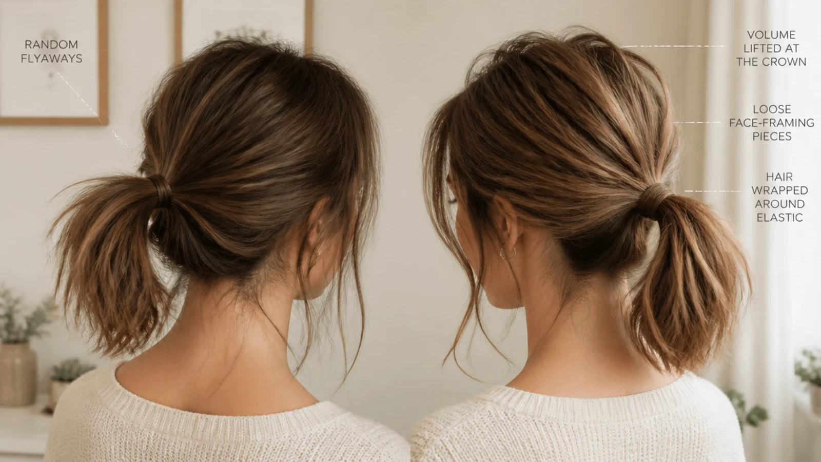A short ponytail with a tight base and deliberately loosened crown