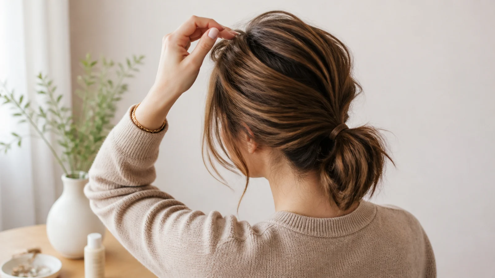 Close view of a short ponytail base with pins holding the nape hair