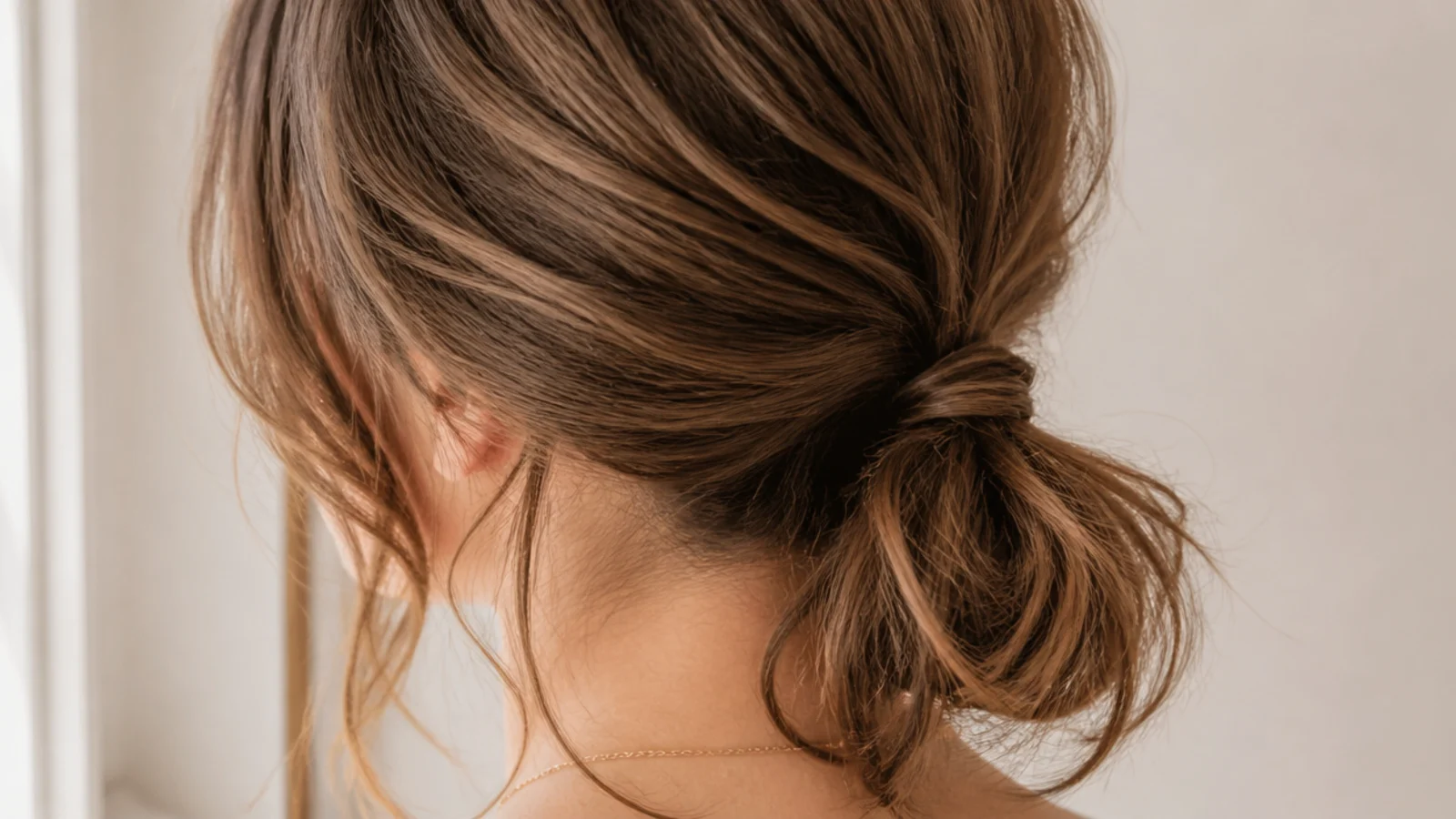 A low ponytail sitting at the nape with a softened crown