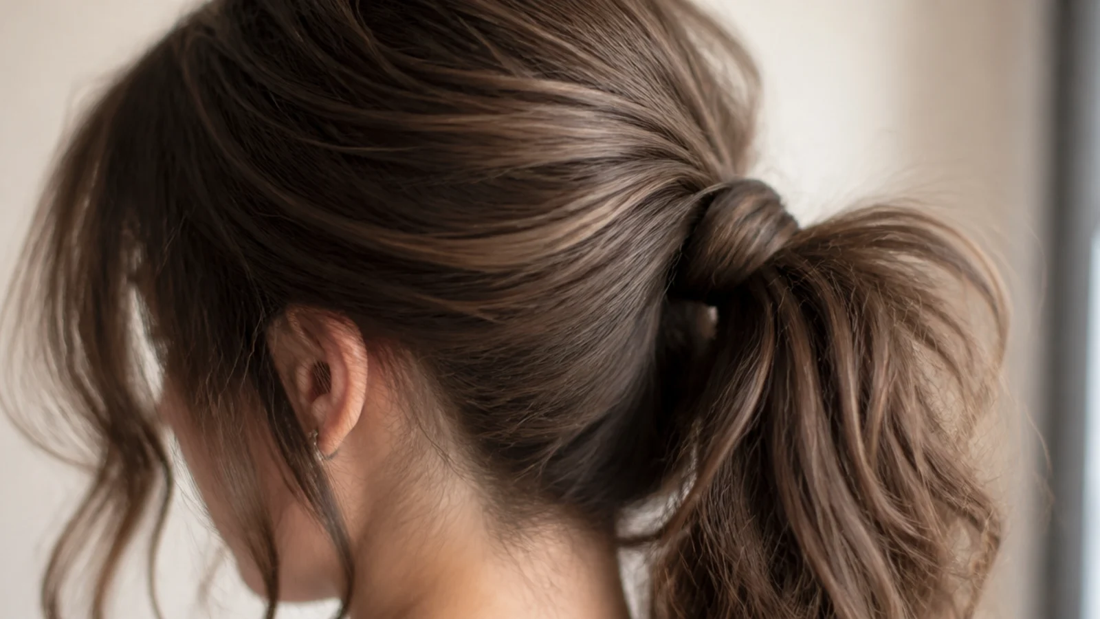 Hair wound around a ponytail base to conceal the elastic