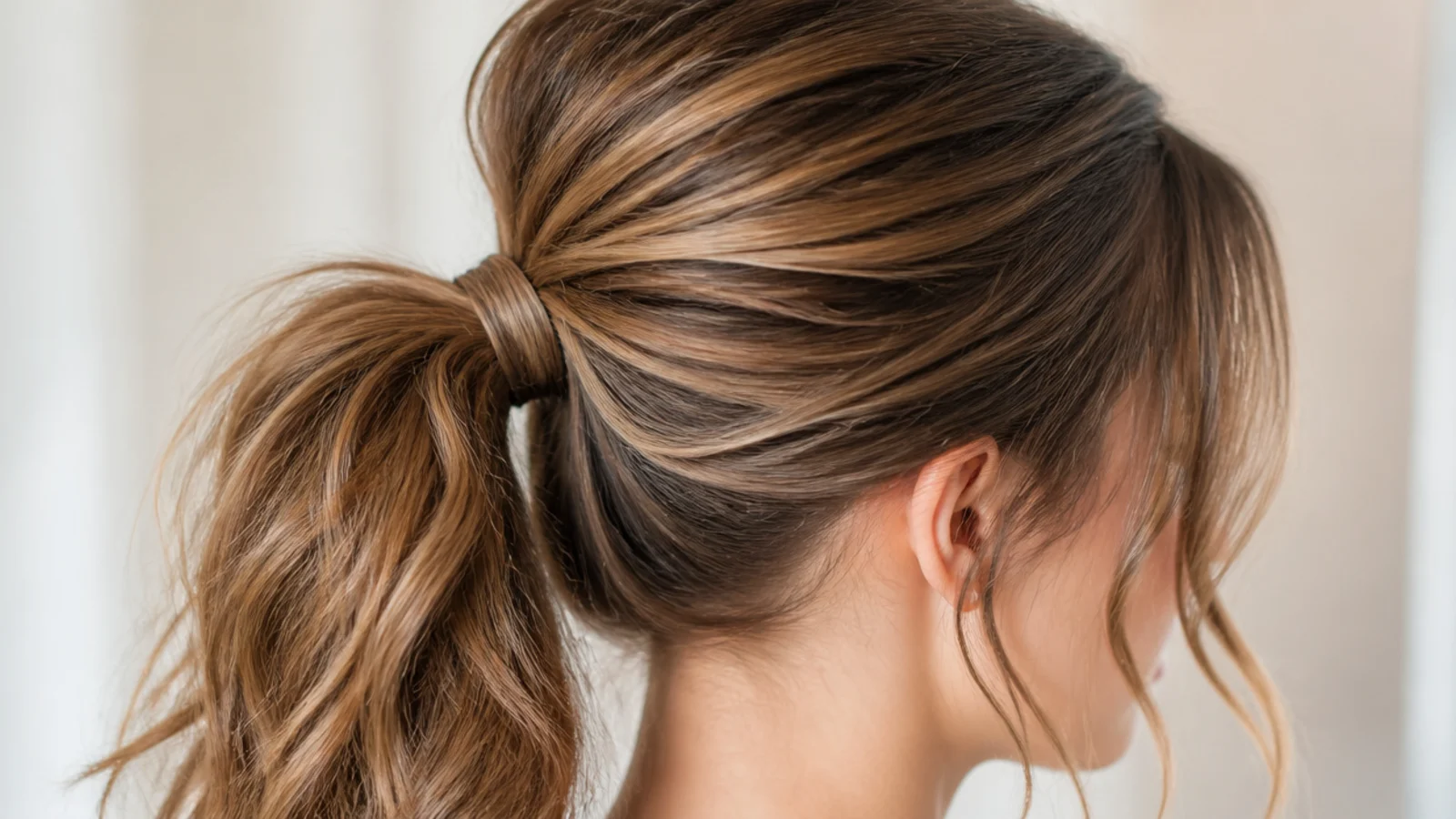 Two loose strands falling at the temples beside a gathered ponytail