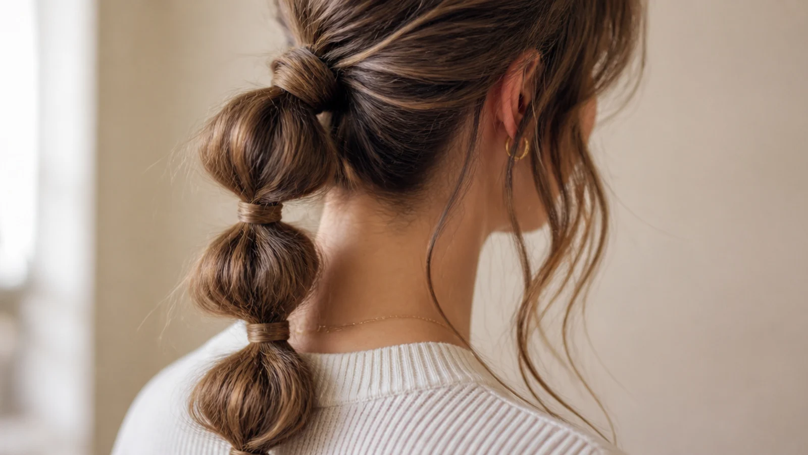 A bubble ponytail with sections pulled wide between the bands