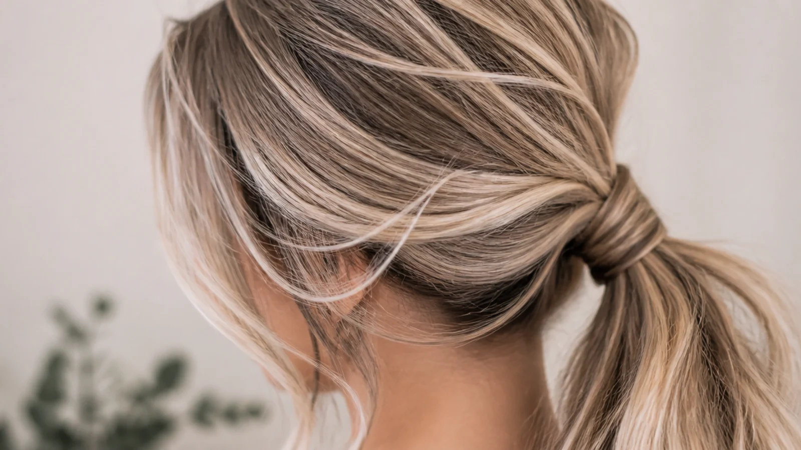 A ponytail swept forward over one shoulder