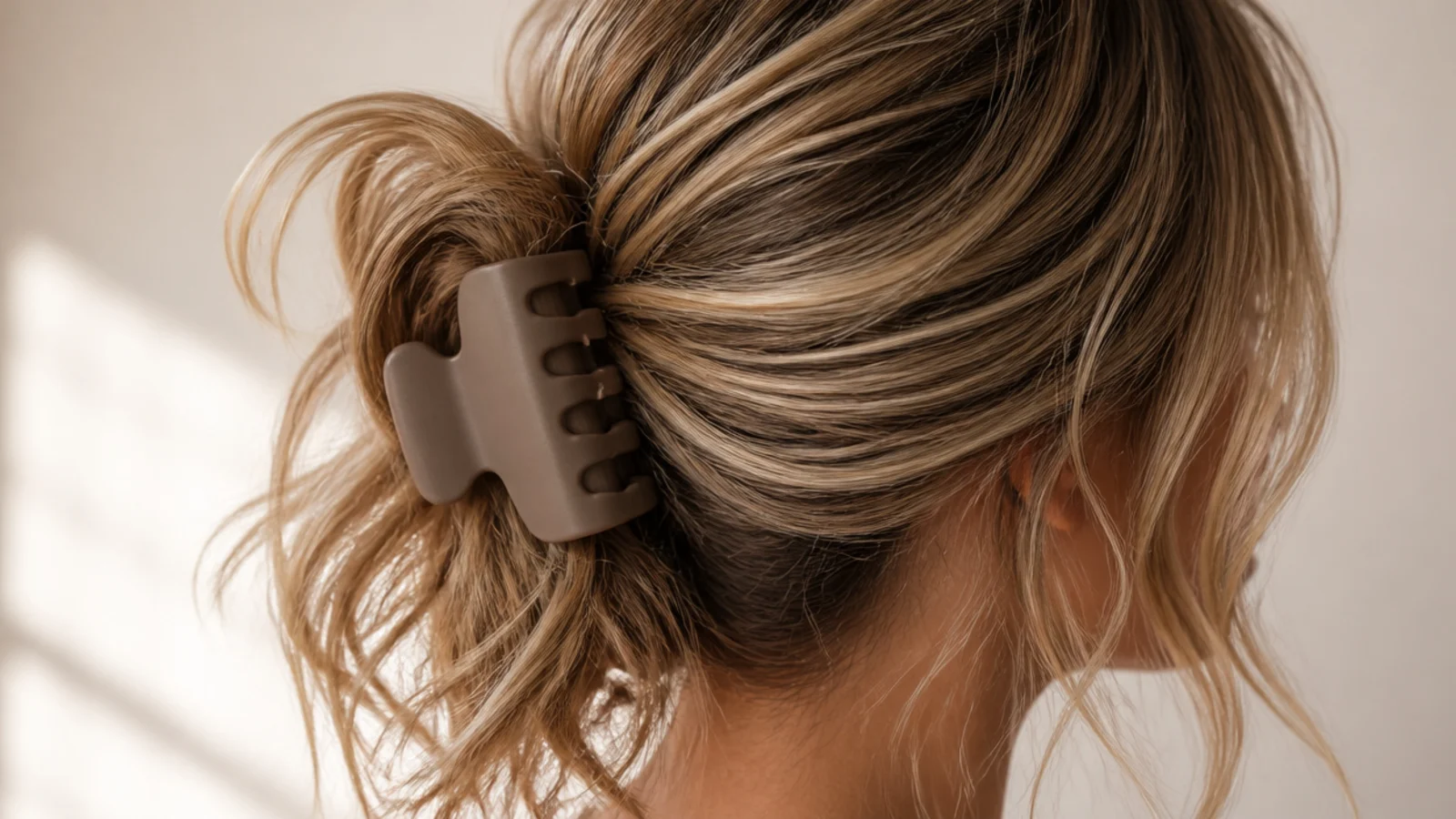 A claw clip holding a gathered messy ponytail