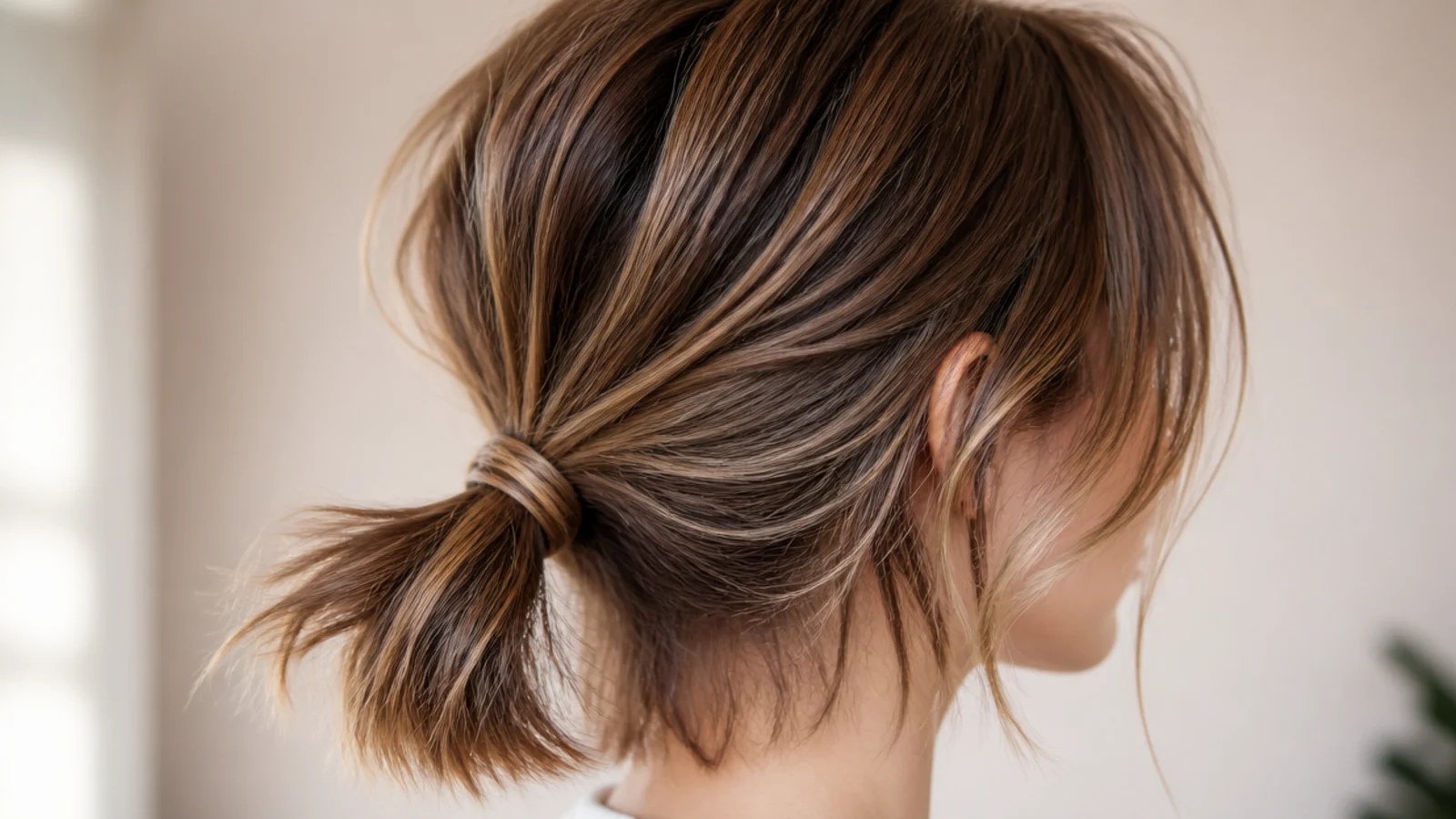 A bungee band hooked around the base of a short ponytail