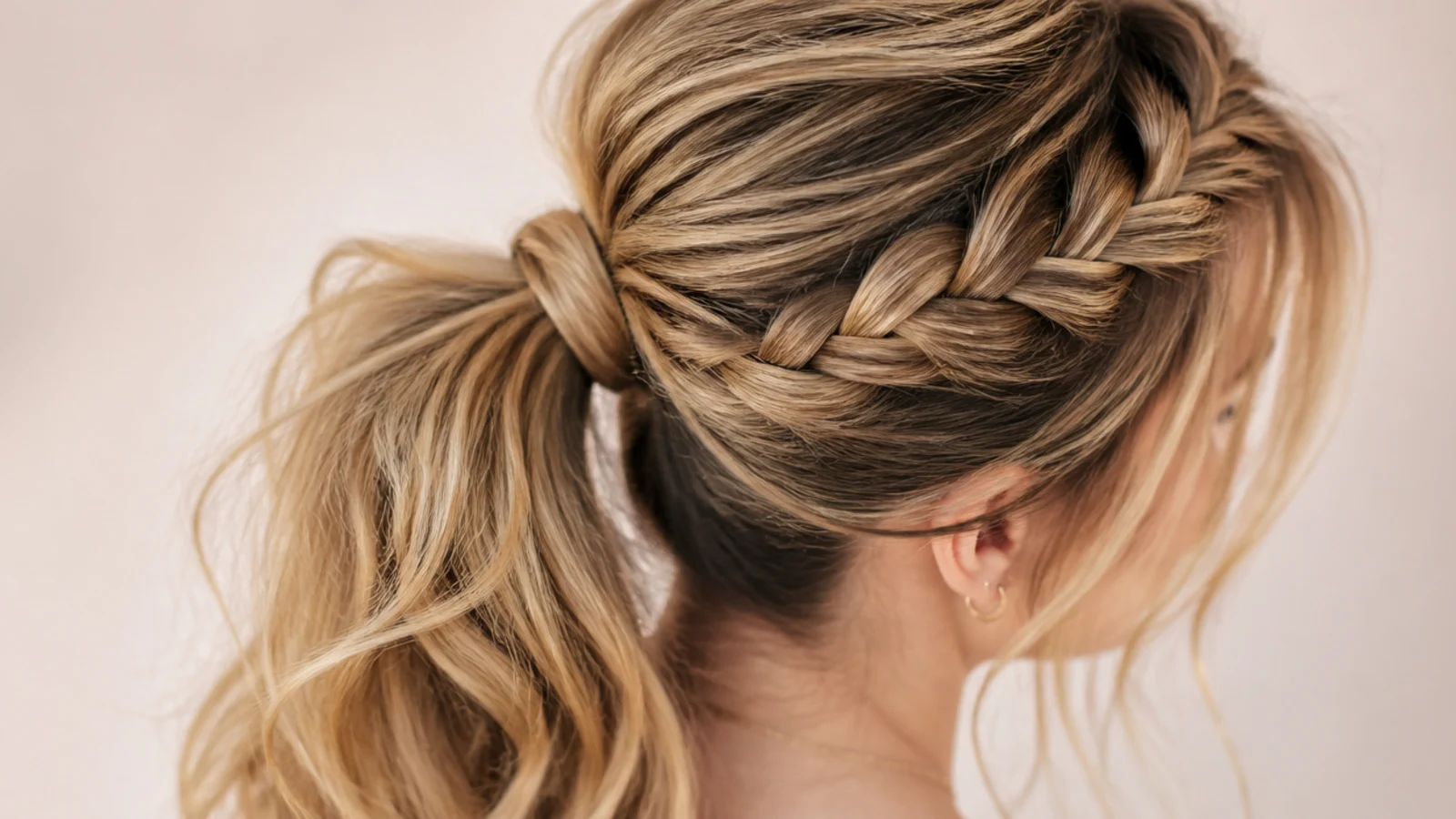 A short braid feeding into the base of a messy ponytail