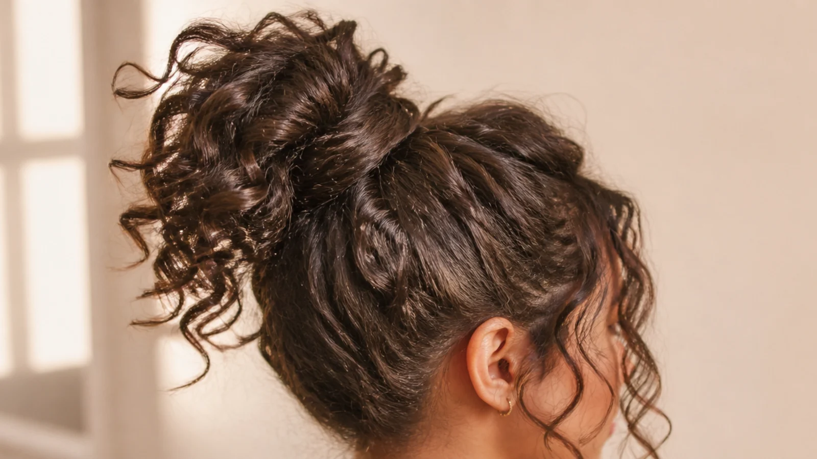 Curls gathered high on the head in a loose pineapple
