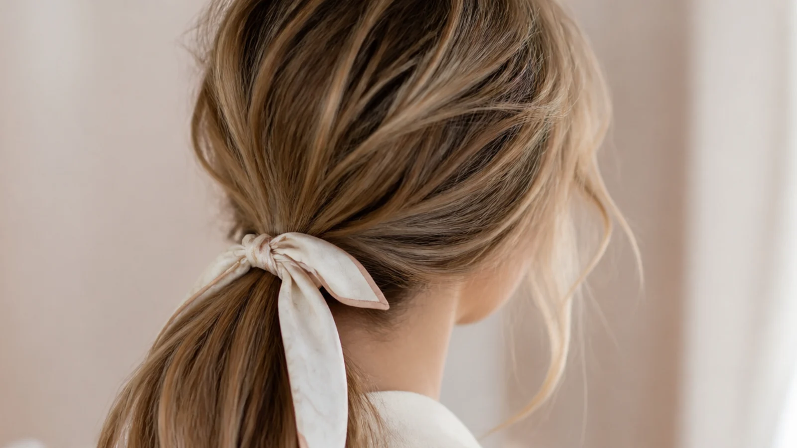 A scarf knotted around the base of a ponytail with ends trailing