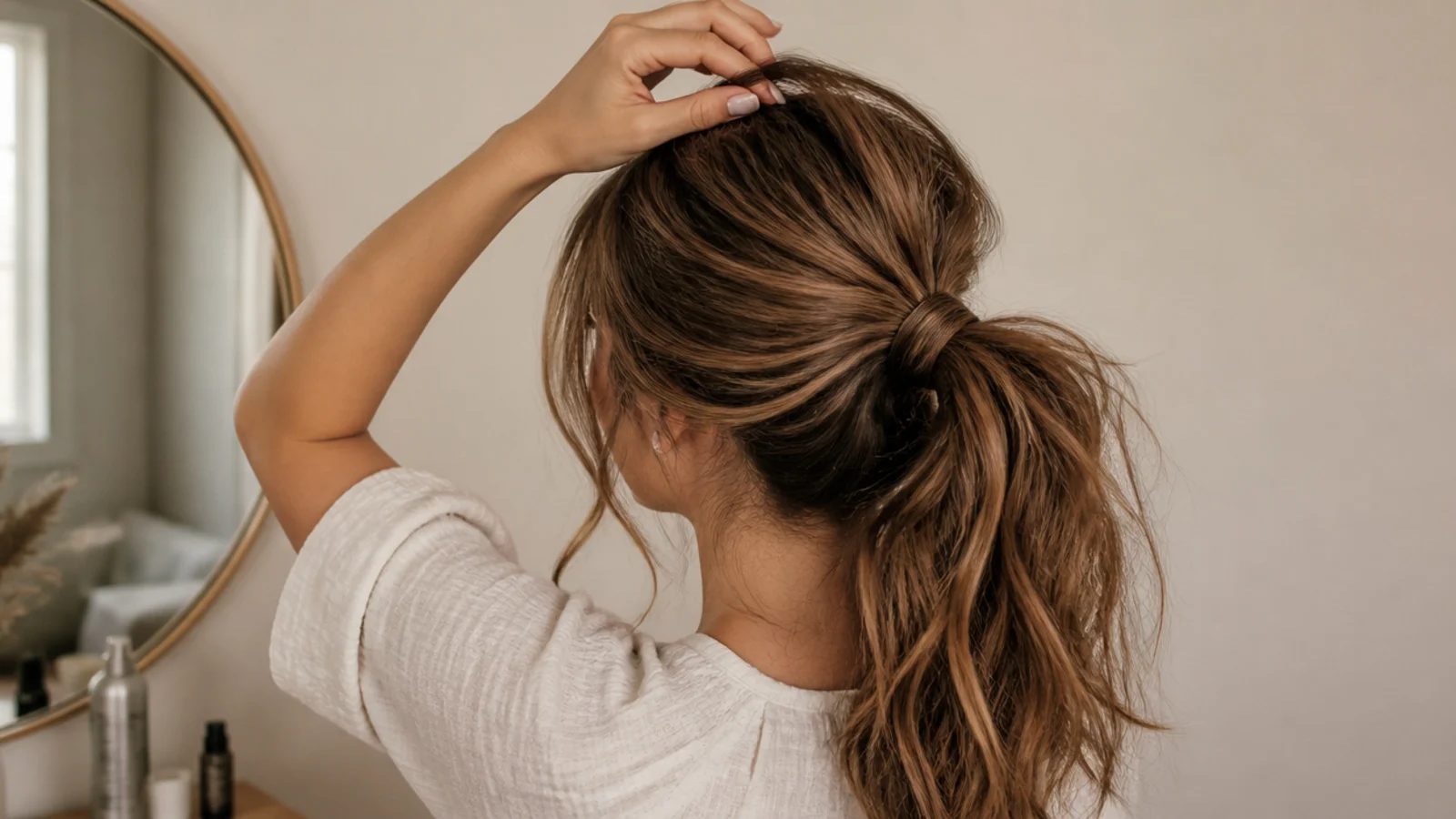 A messy ponytail still holding its shape at the end of the day