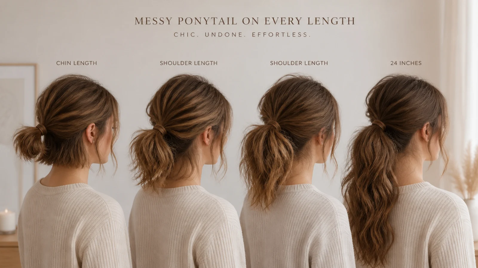 Messy ponytails compared on short, medium and long hair