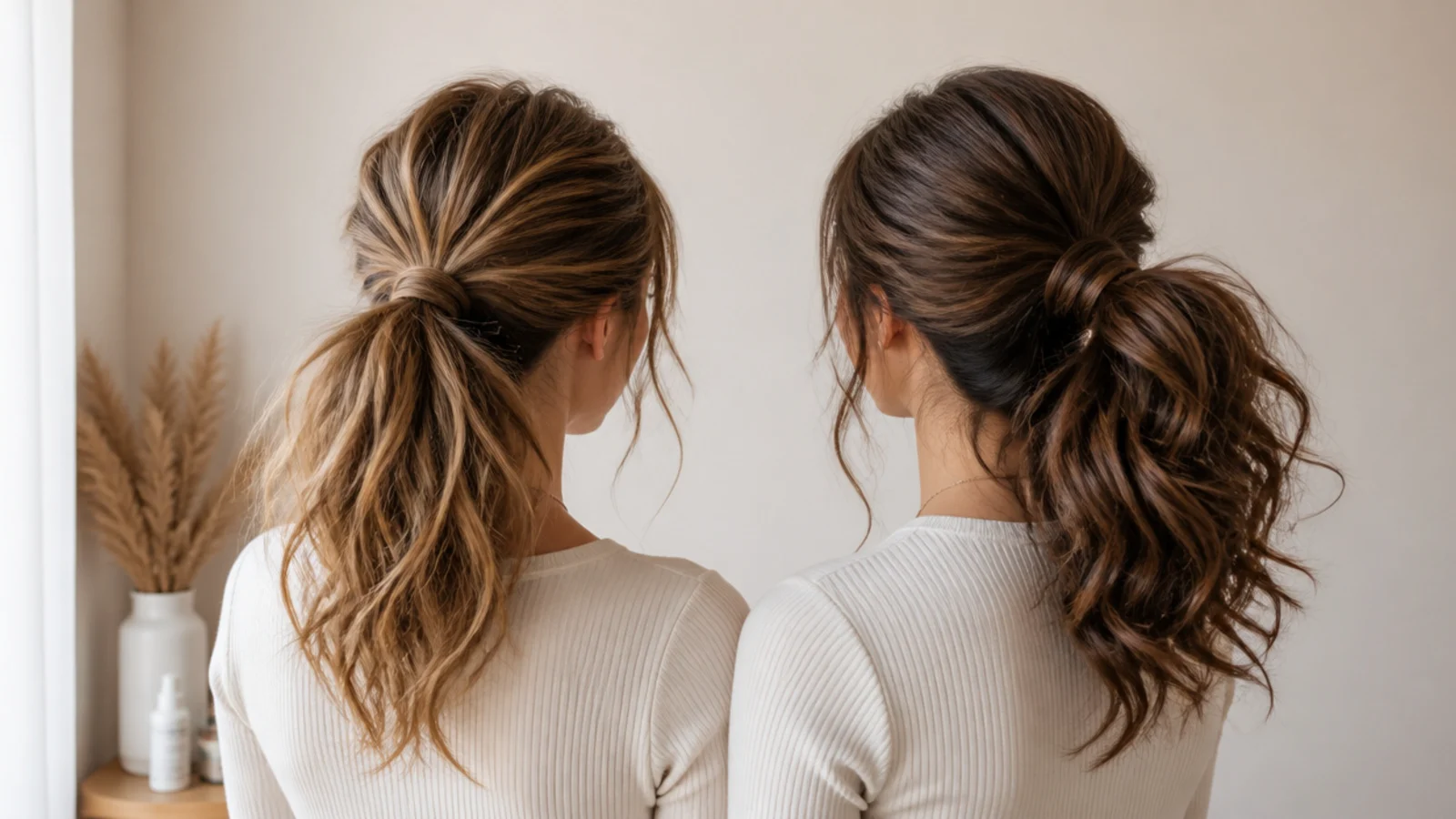 A fine haired messy ponytail beside a thick one at the same tie height