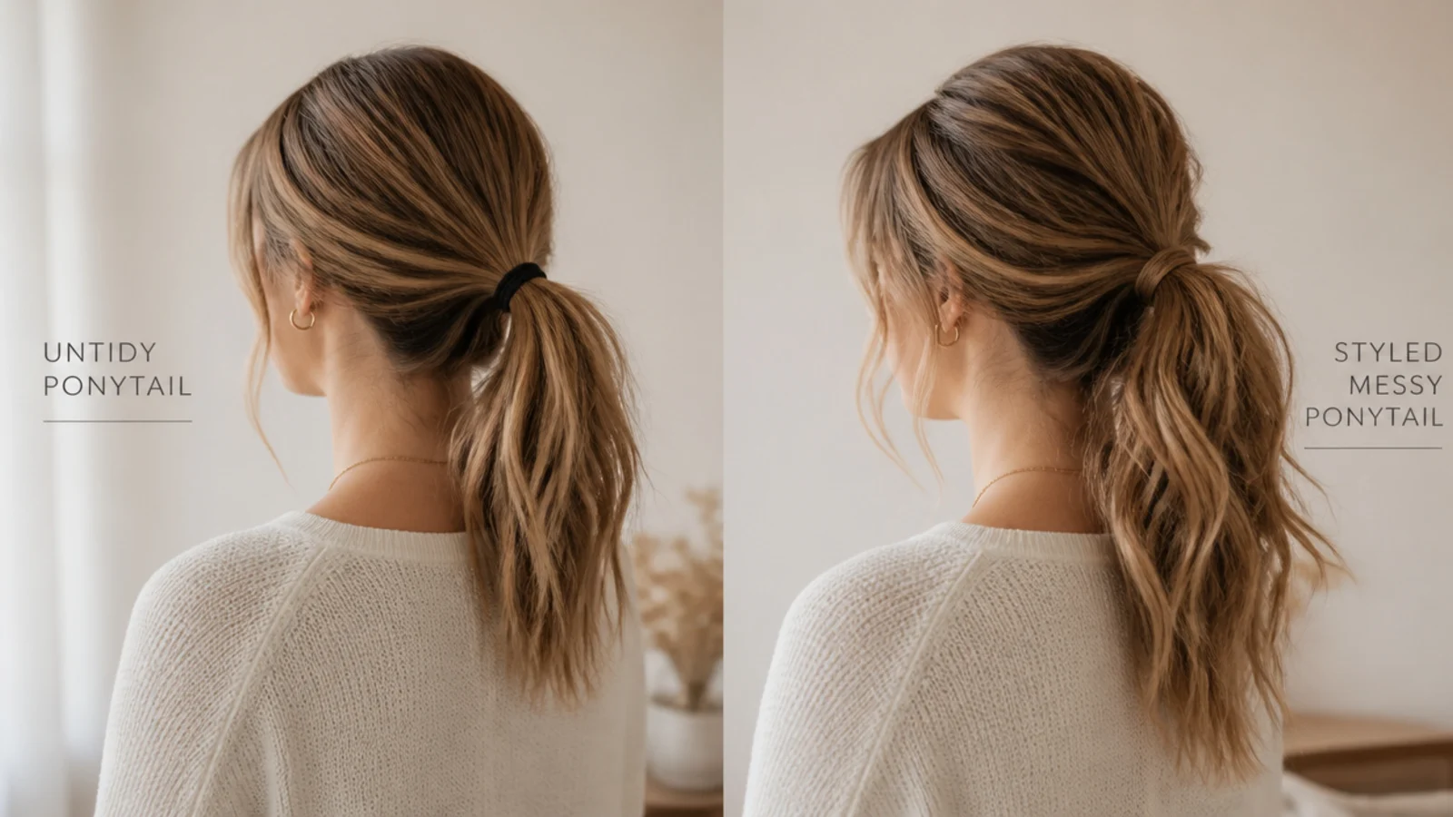 A ponytail with a tight base and deliberately loosened crown and temples