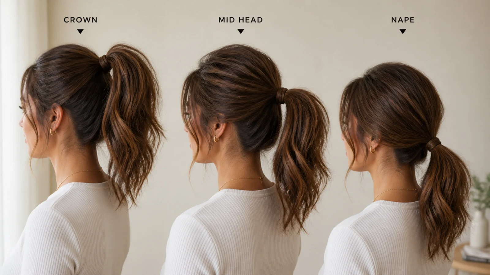 A hand marking three possible tie heights on the back of the head